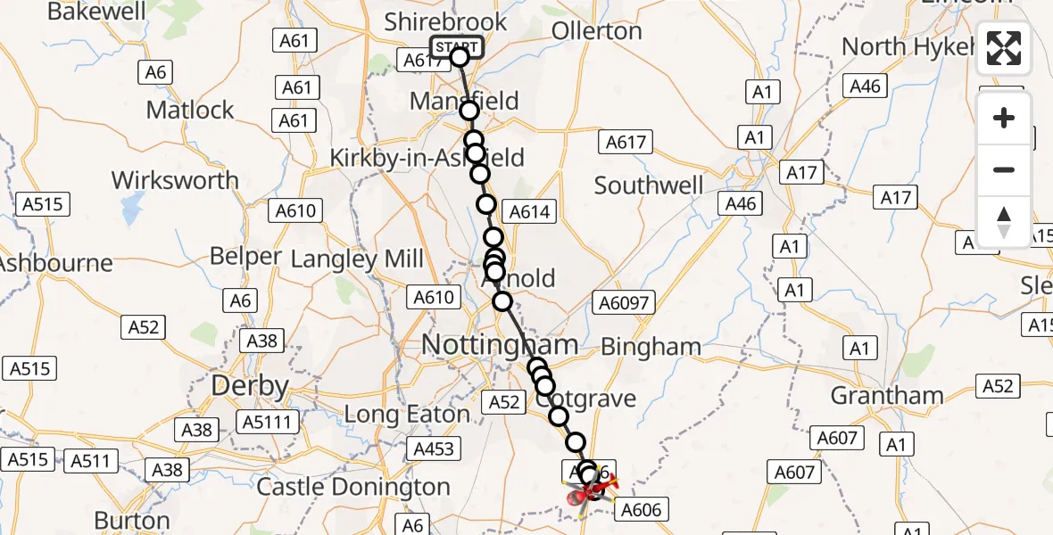 Routekaart van de vlucht: Air Ambulance Helicopter to Nottingham Heliport, Nottingham Heliport
