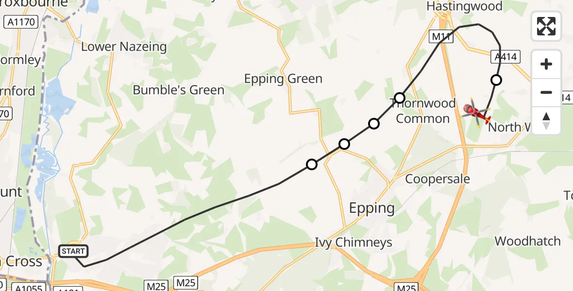 Flight route map: Air Ambulance Helicopter to North Weald Airfield, North Weald Airfield