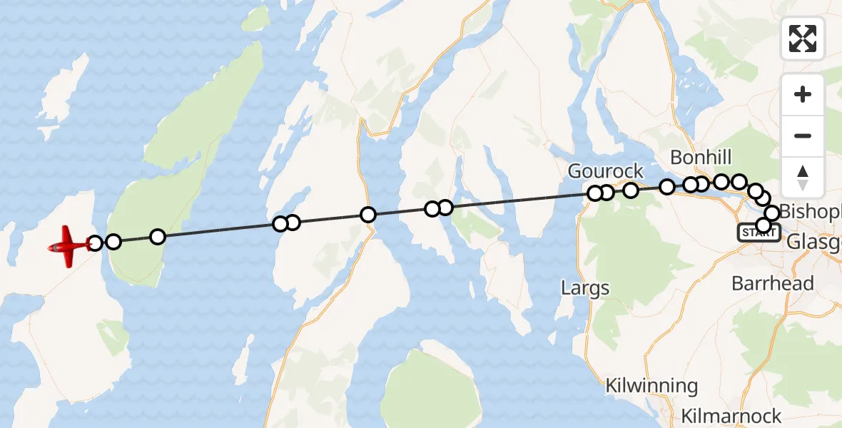 Flight route map: Air Ambulance Aircraft to Keills, Glasgow Airport