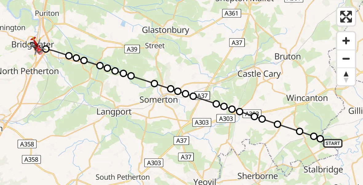 Flight route map: Air Ambulance Helicopter to Bridgwater, Mandarin Close