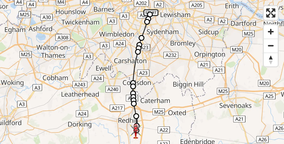 Flight route map: Air Ambulance Helicopter to Redhill Aerodrome, Redhill Aerodrome
