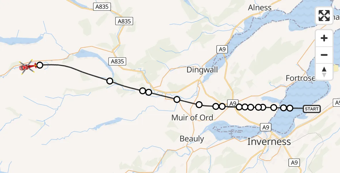 Flight route map: Air Ambulance Helicopter to Achanalt, Inverness
