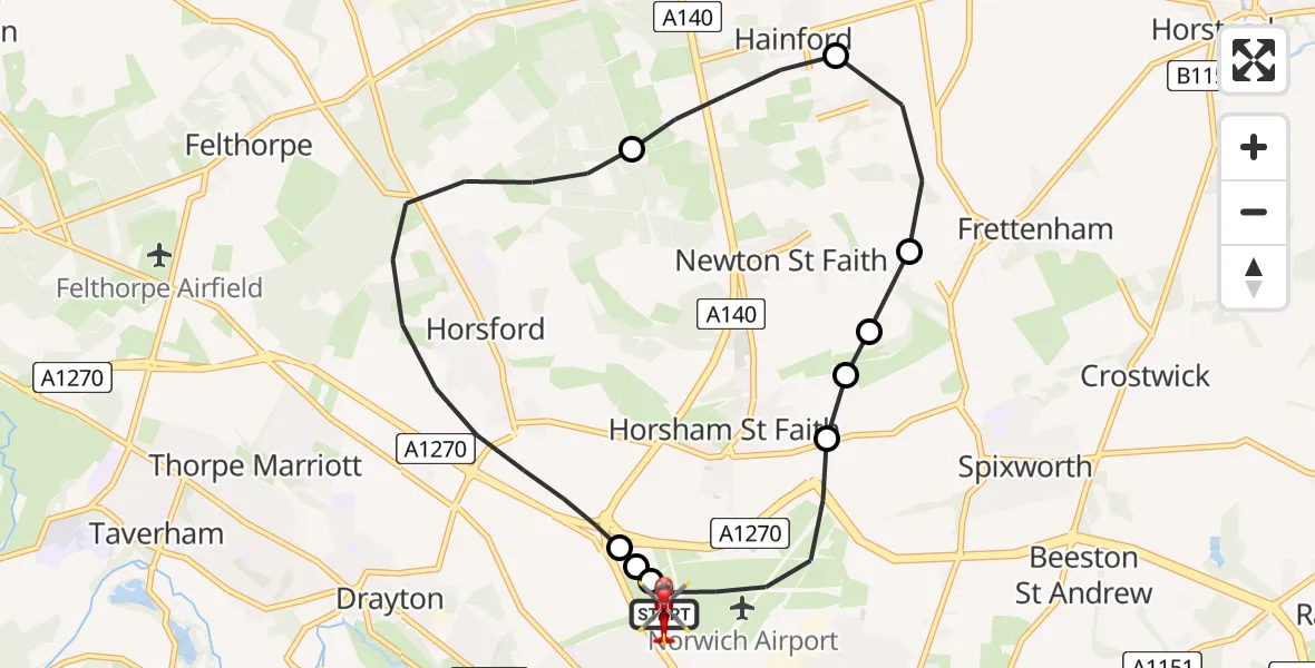 Flight path map showing Air Ambulance Helicopter route from Norwich Airport to Norwich Airport
