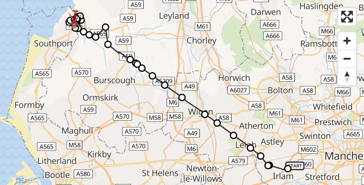 Flight route map: Air Ambulance Helicopter to Sefton, Marine Drive