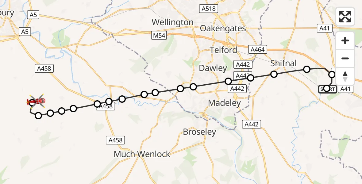 Routekaart van de vlucht: Air Ambulance Helicopter to Berrington, Berrington