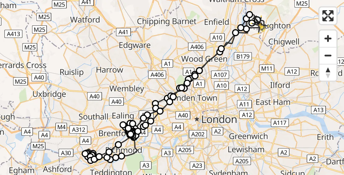 Flight route map: Police Helicopter to Sewardstonebury, Hornbeam Lane