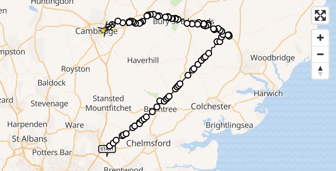 Routekaart van de vlucht: Police Helicopter to Fen Ditton, High Ditch Road