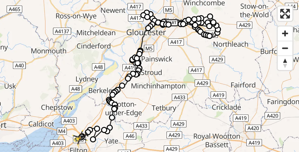 Flight route map: Police Helicopter to Almondsbury Helicopter Base, Almondsbury Helicopter Base