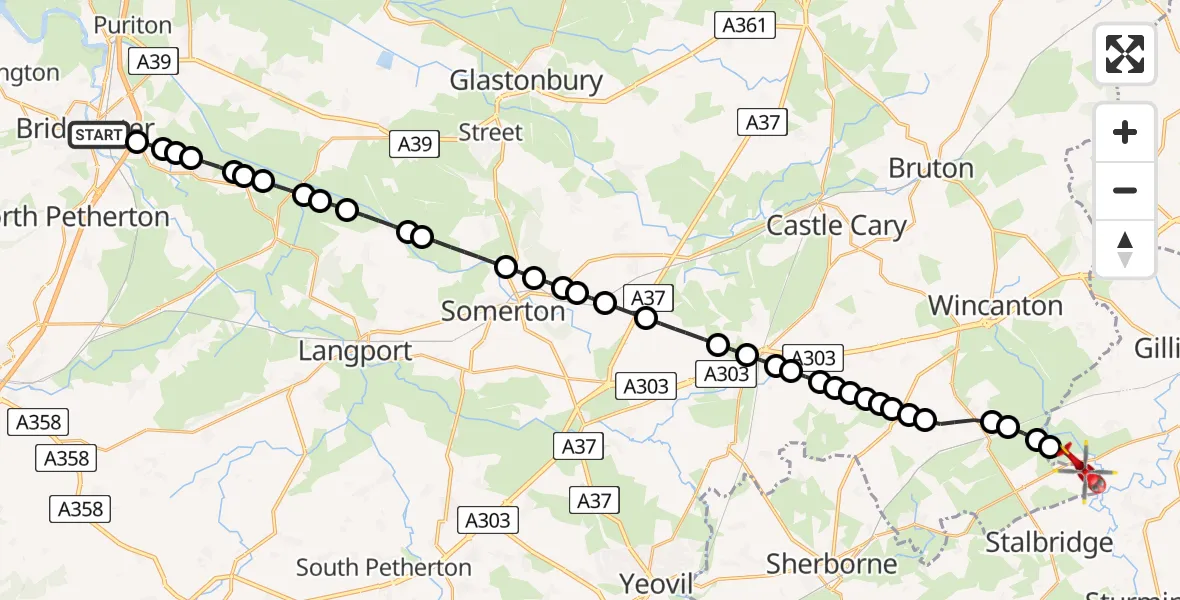 Flight route map: Air Ambulance Helicopter to Henstridge, Henstridge Airfield