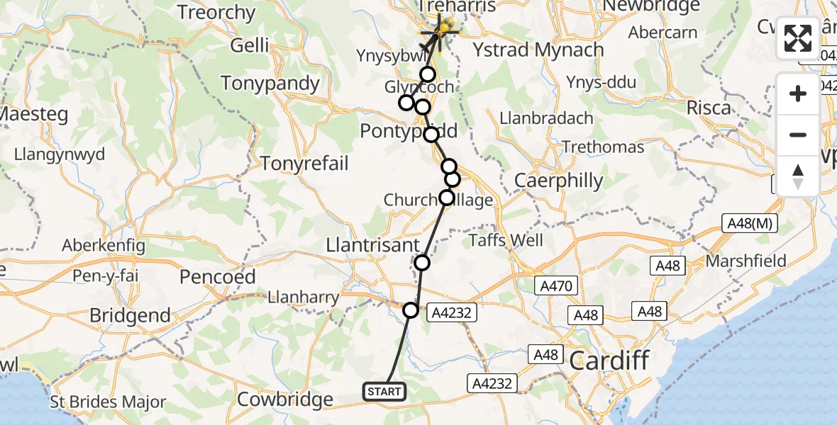 Flight path map showing Police Helicopter route from Pendoylan to Abercynon