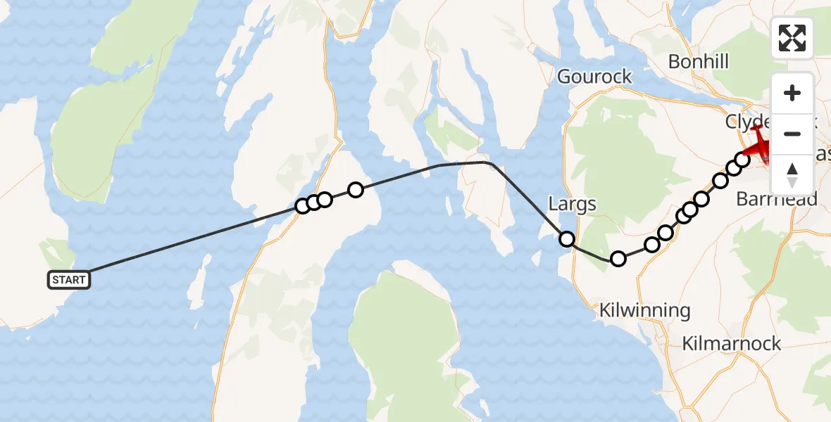 Flight path map showing Air Ambulance Aircraft route from Inner Seas to Glasgow Airport