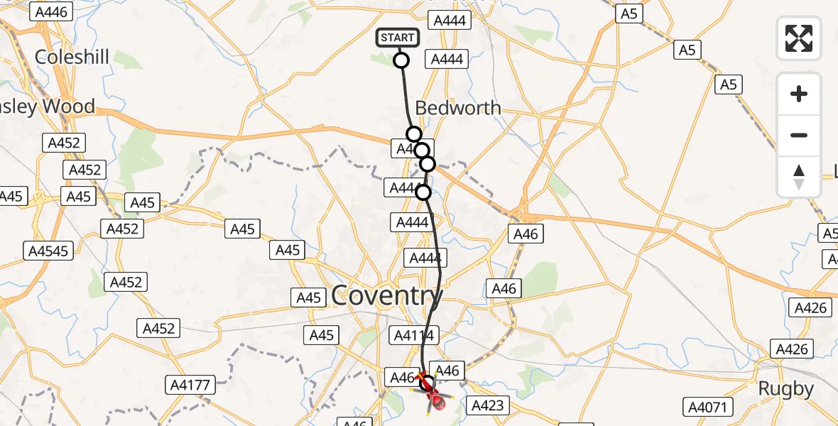 Routekaart van de vlucht: Air Ambulance Helicopter to Coventry Airport, Coventry Airport