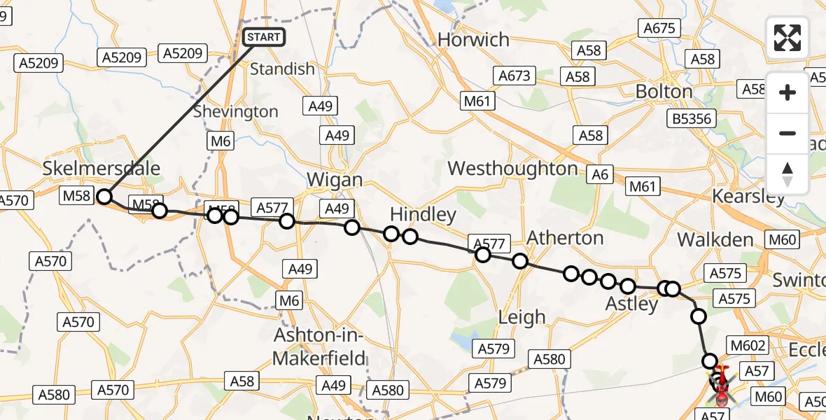 Flight route map: Air Ambulance Helicopter to Manchester Barton Aerodrome, Manchester Barton Aerodrome