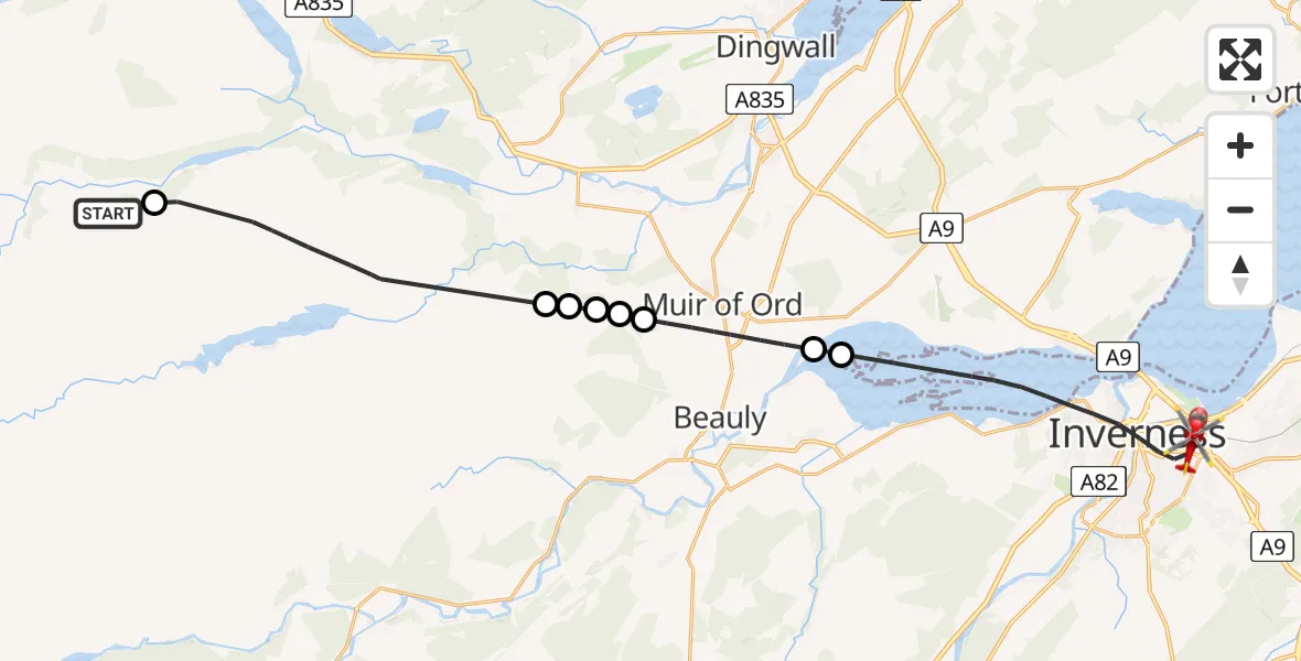 Flight route map: Air Ambulance Helicopter to Inverness, Sir Walter Scott Drive