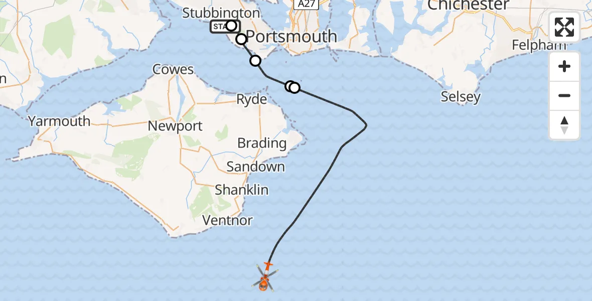 Flight route map: Coastguard Helicopter to English Channel, English Channel