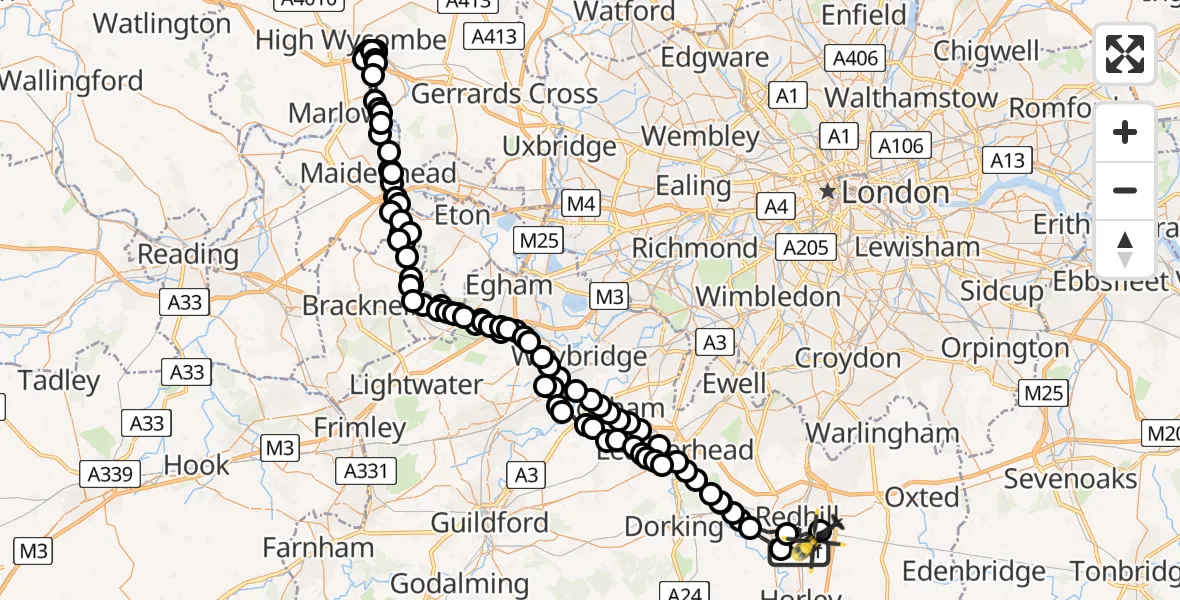 Flight route map: Police Helicopter to South Nutfield, Kings Mill Lane