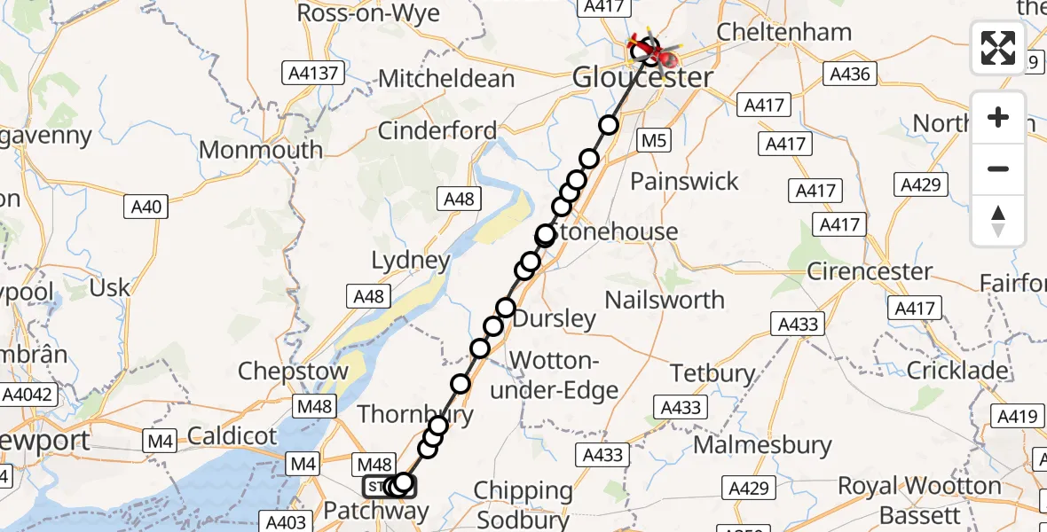 Flight route map: Air Ambulance Helicopter to Longford, Sandhurst Lane