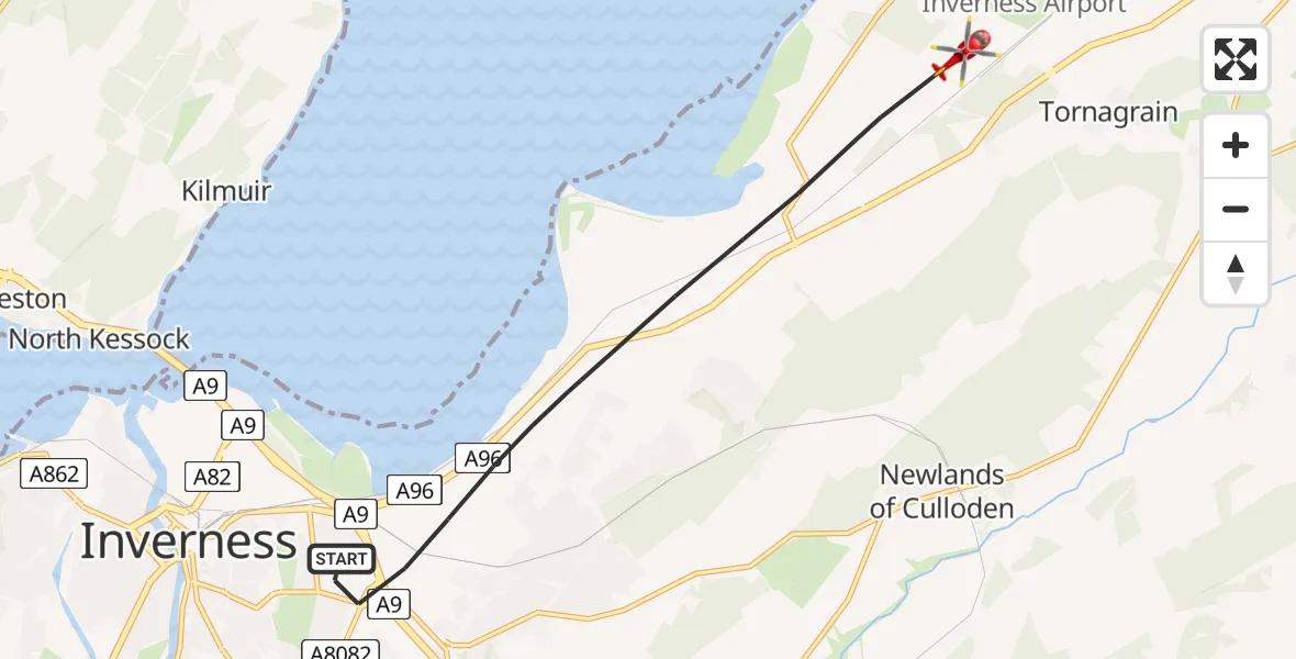Flight route map: Air Ambulance Helicopter to Tornagrain, Tornagrain