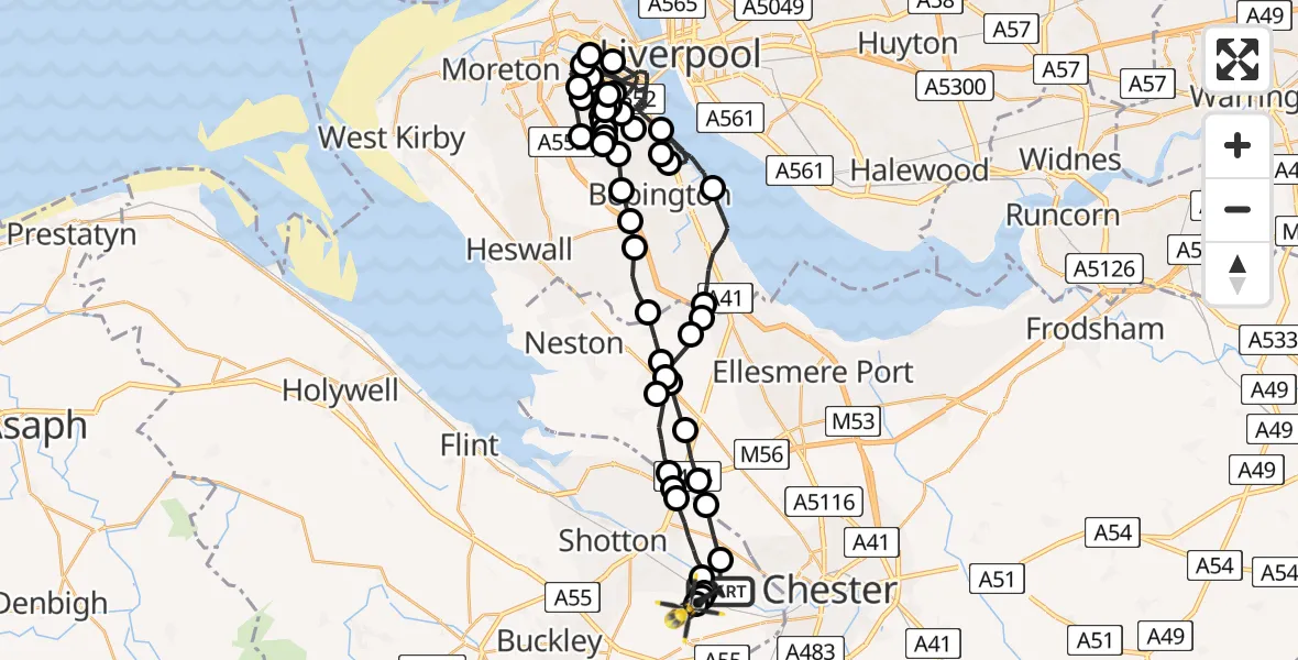 Flight route map: Police Helicopter to Sandycroft, B5129