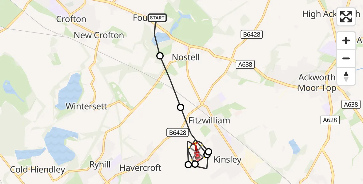 Flight route map: Air Ambulance Helicopter to Fitzwilliam, Carr Lane