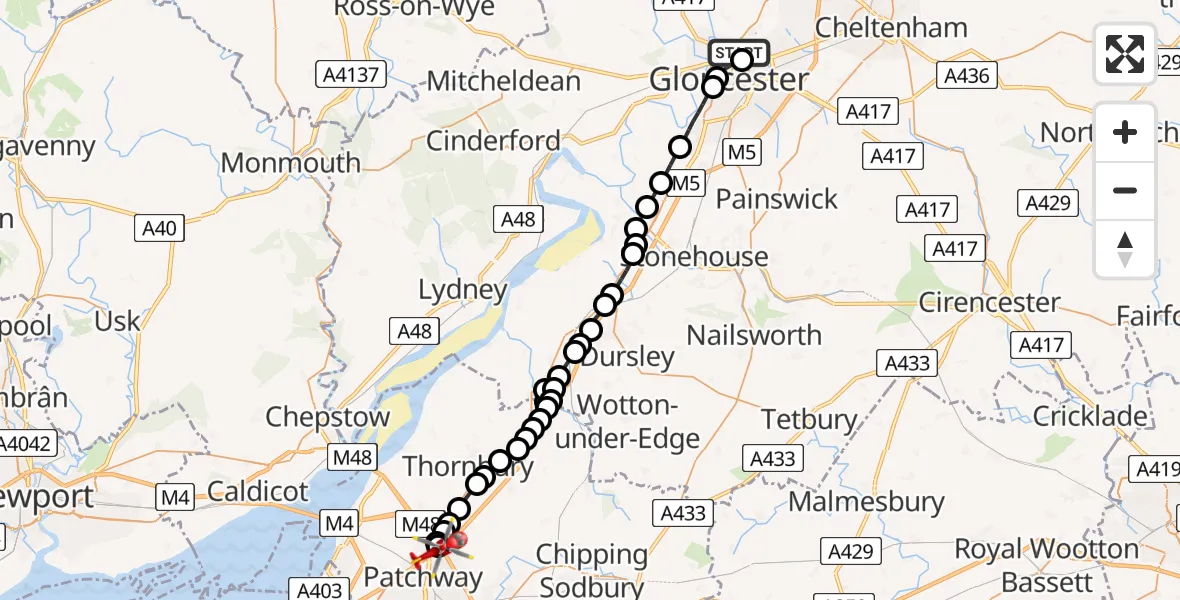 Flight route map: Air Ambulance Helicopter to Almondsbury Helicopter Base, Almondsbury Helicopter Base