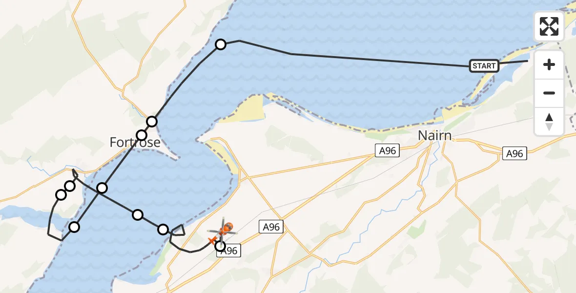 Flight path map showing Coastguard Helicopter route from North Sea to Inverness Airport