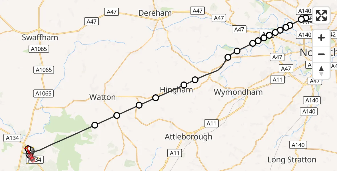 Flight route map: Air Ambulance Helicopter to Breckland, Mundford Road