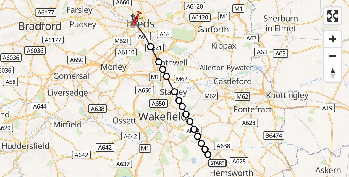 Routekaart van de vlucht: Air Ambulance Helicopter to Leeds, Great George Street