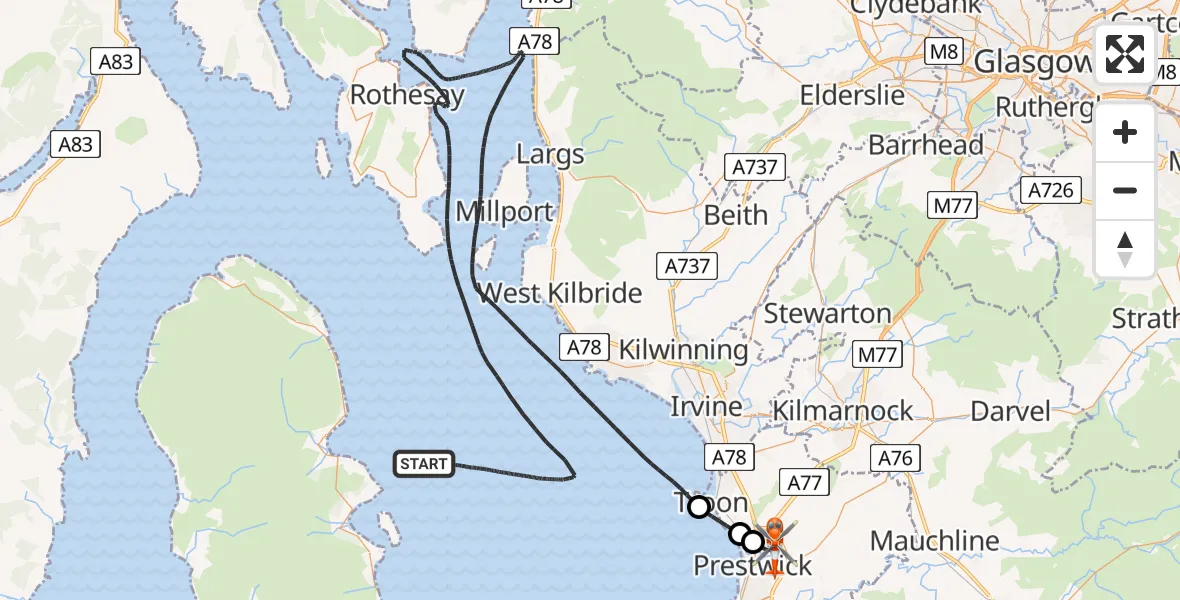 Flight route map: Coastguard Helicopter to Glasgow Prestwick Airport, Glasgow Prestwick Airport