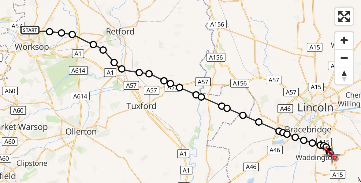Flight route map: Air Ambulance Helicopter to North Kesteven, Sleaford Road