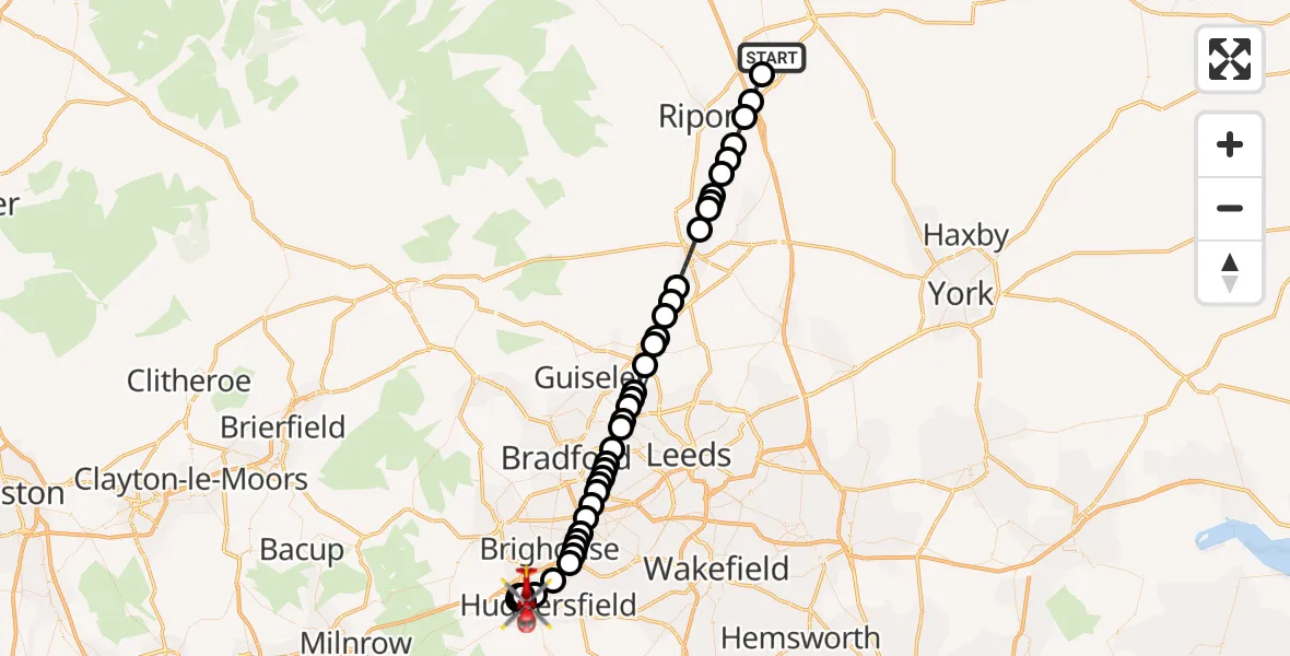 Flight route map: Air Ambulance Helicopter to Lindley, New Hey Road