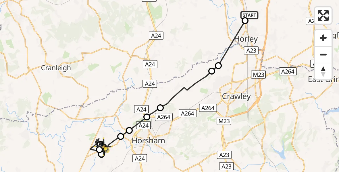 Flight route map: Police Helicopter to Slinfold, Five Oaks Road