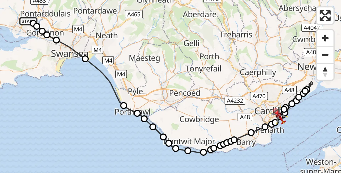 Flight route map: Air Ambulance Helicopter to Cardiff Heliport, Cardiff Heliport