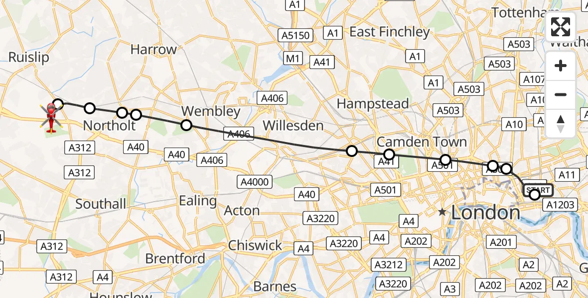 Flight route map: Air Ambulance Helicopter to RAF Northolt, RAF Northolt