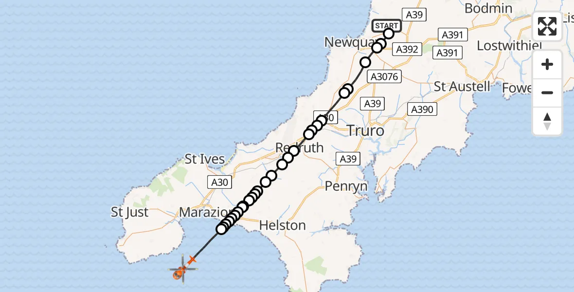 Flight route map: Coastguard Helicopter to English Channel, English Channel