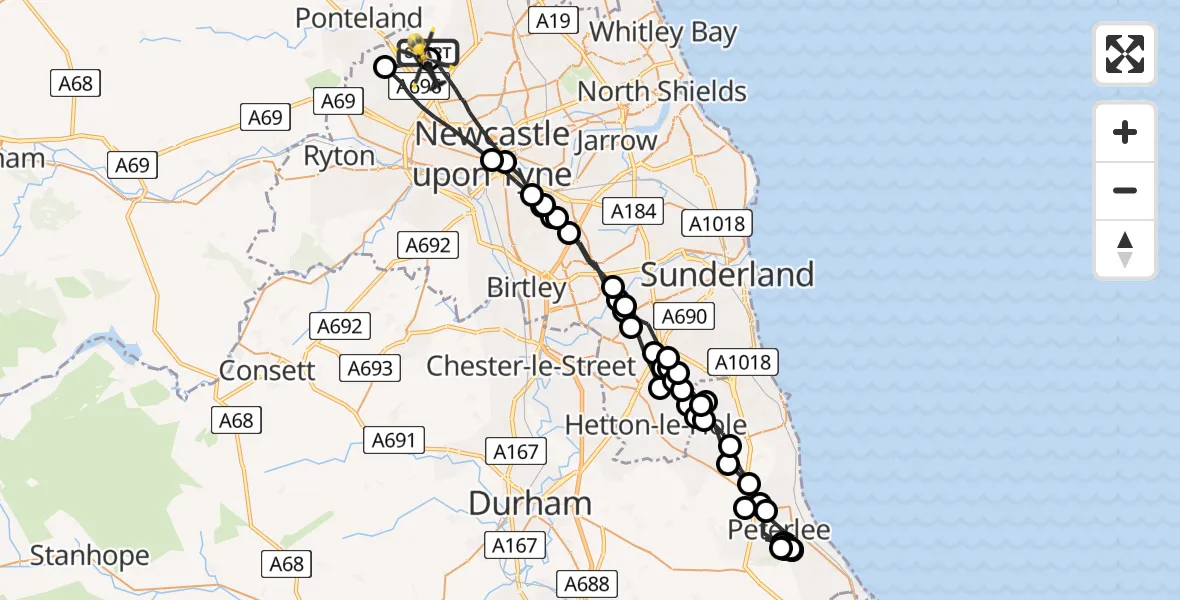 Flight route map: Police Helicopter to Newcastle upon Tyne, Falcon Way