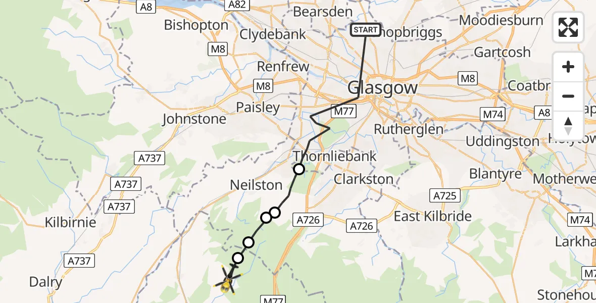 Routekaart van de vlucht: Police Helicopter to Kingsford, Dodside Road