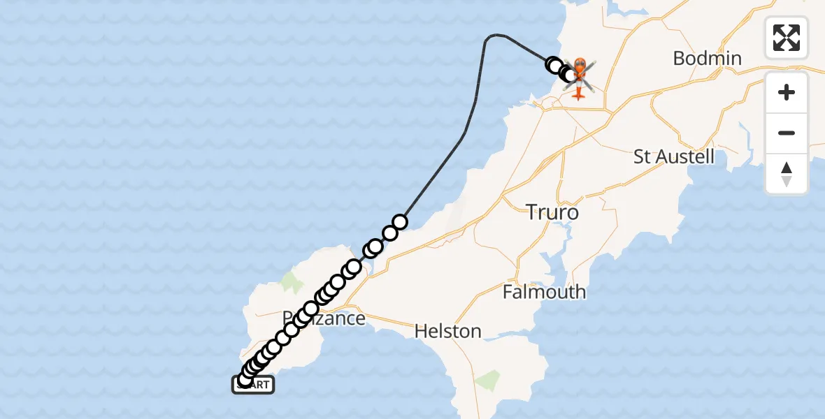 Flight route map: Coastguard Helicopter to Cornwall Airport Newquay, Cornwall Airport Newquay