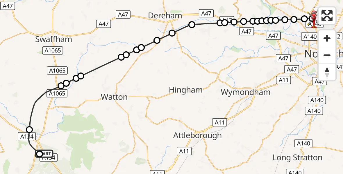 Flight route map: Air Ambulance Helicopter to Norwich Airport, Norwich Airport
