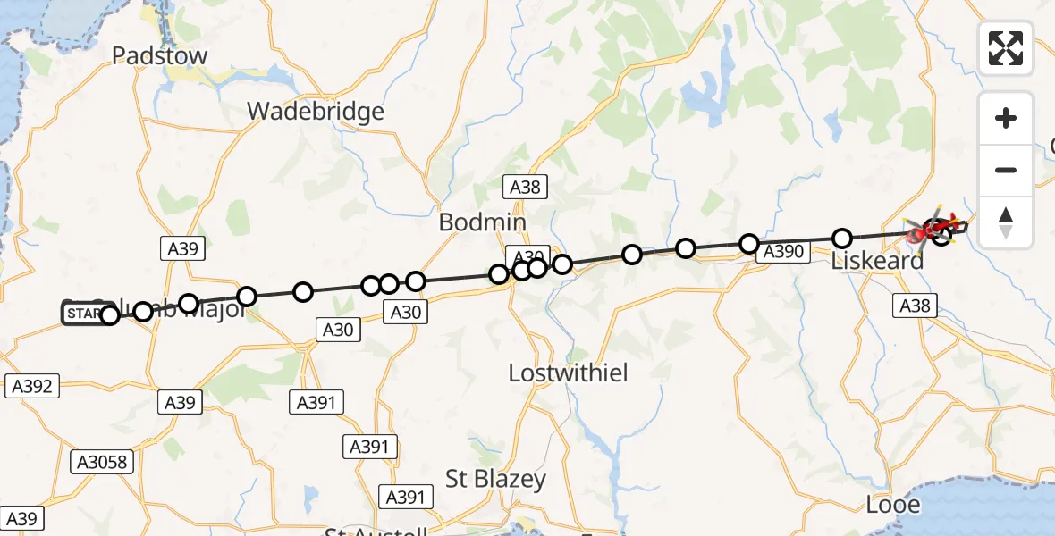 Flight route map: Air Ambulance Helicopter to Liskeard, A390