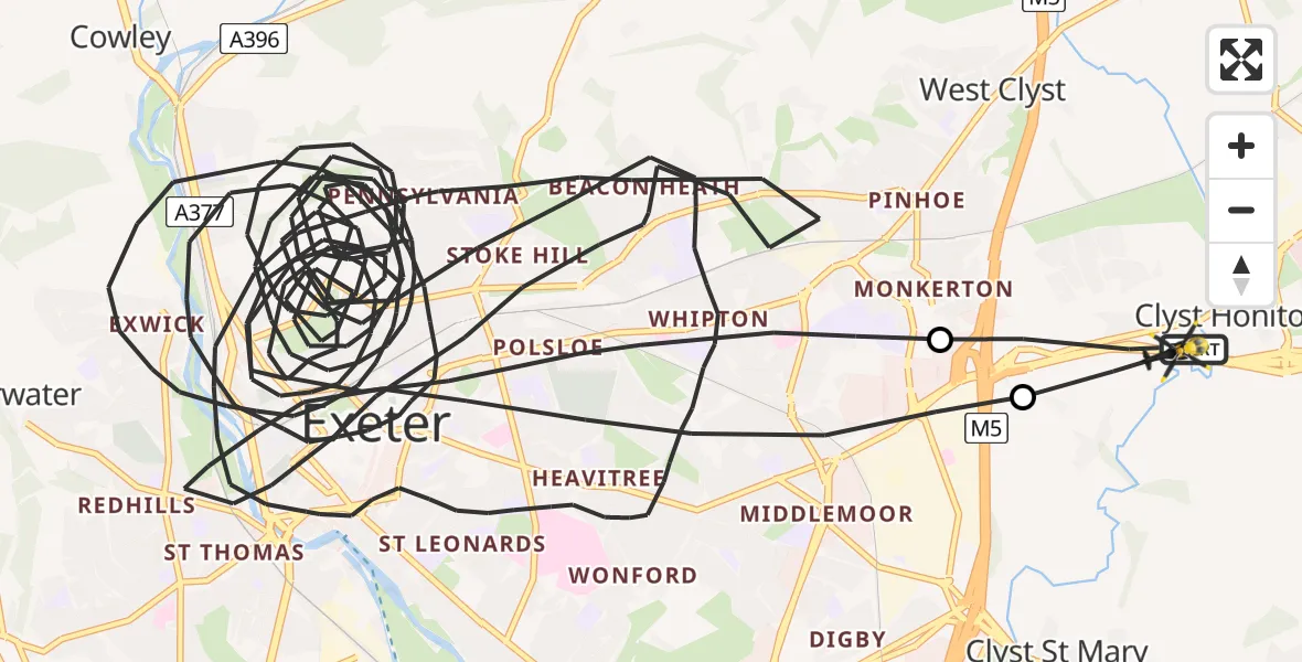 Flight route map: Police Helicopter to East Devon, A30