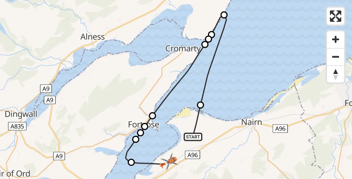 Flight route map: Coastguard Helicopter to Inverness, Woodend Road