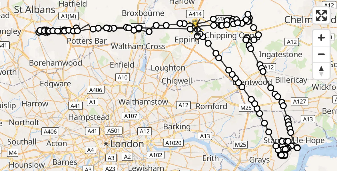 Flight route map: Police Helicopter to North Weald Bassett, Duck Lane