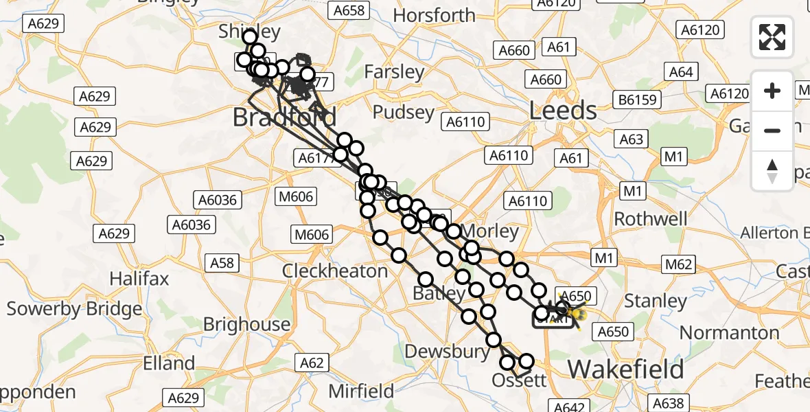 Flight path map showing Police Helicopter route from East Ardsley to Wakefield