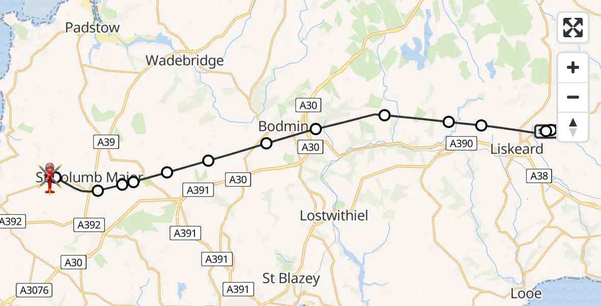 Flight route map: Air Ambulance Helicopter to Cornwall Airport Newquay, Cornwall Airport Newquay
