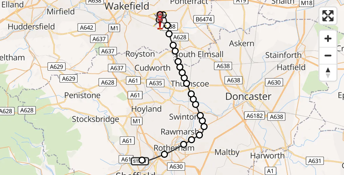 Flight route map: Air Ambulance Helicopter to YAA Nostell Helicopter Port, YAA Nostell Helicopter Port