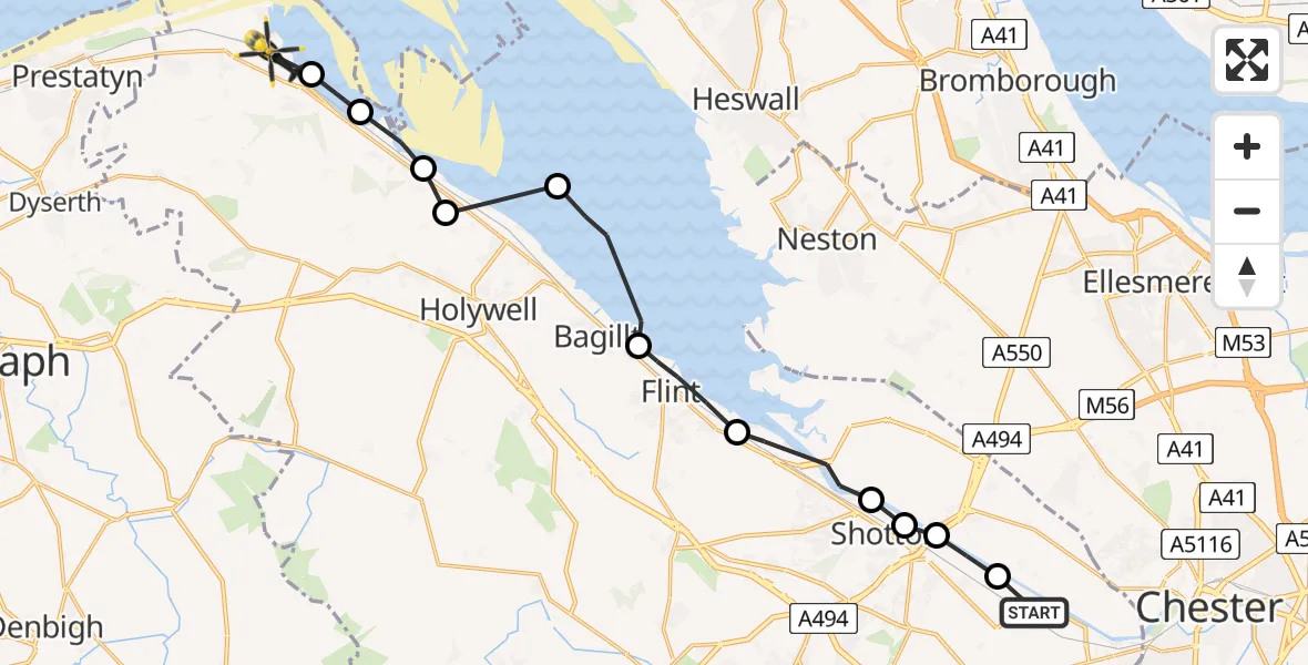 Routekaart van de vlucht: Police Helicopter to Pen-y-ffordd, A548