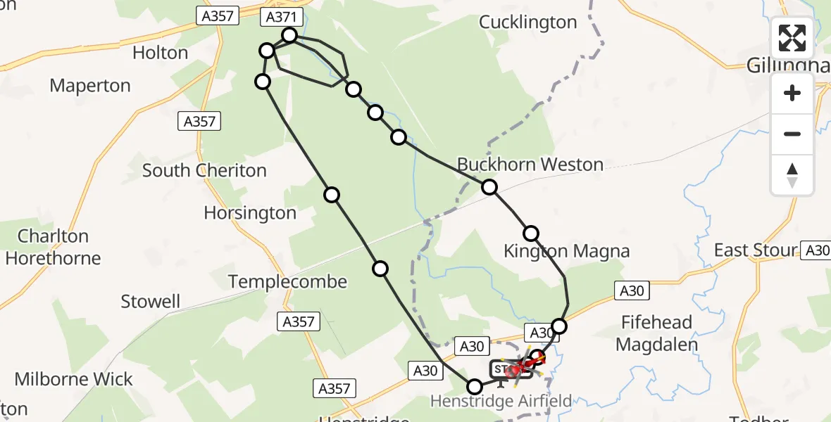 Flight path map showing Air Ambulance Helicopter route from Henstridge Airfield to Henstridge Airfield