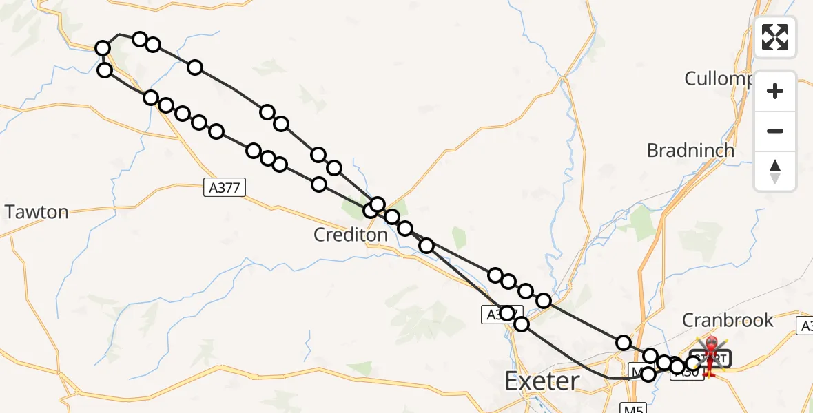 Flight path map showing Air Ambulance Helicopter route from Exeter International Airport to Exeter International Airport