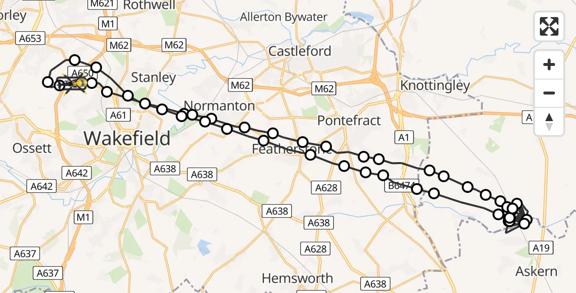 Flight path map showing Police Helicopter route from Wakefield to Wakefield